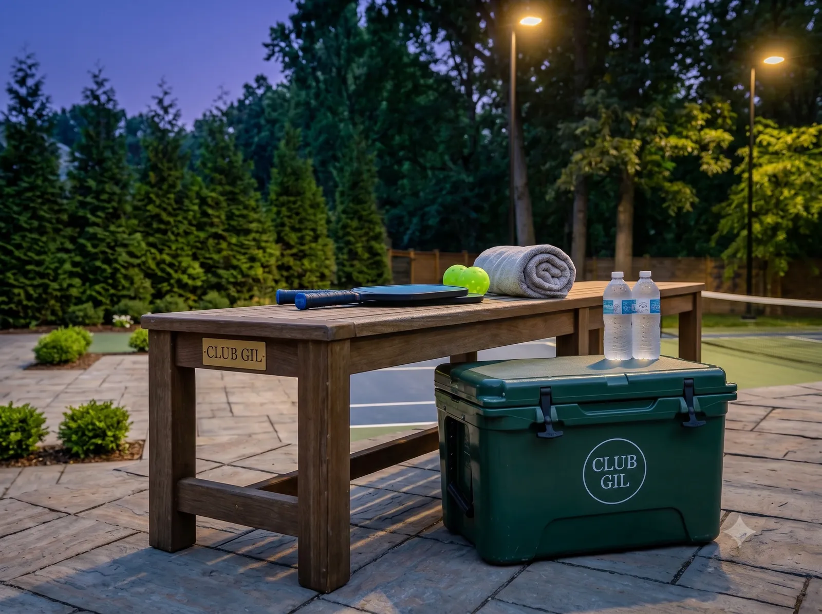 The Club Gil bench and stocked cooler courtside at dusk