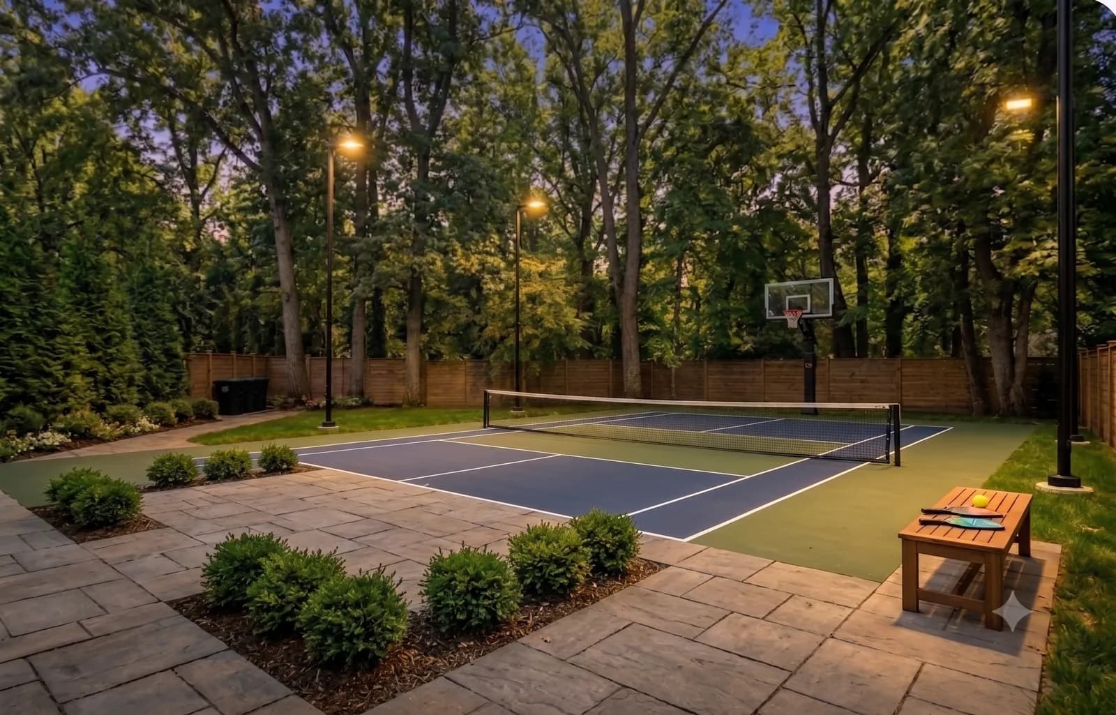 The Club Gil backyard court at dusk with the lights on, net strung for night play