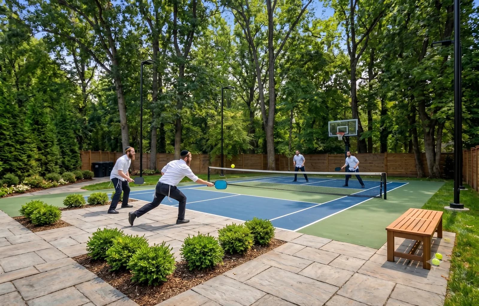 Four players mid-rally on the Club Gil backyard court on a bright afternoon